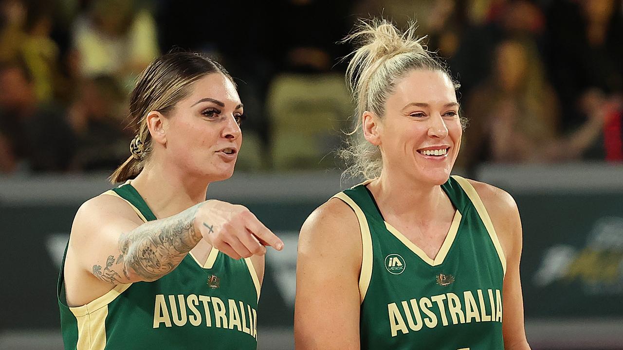 Cayla George and Lauren Jackson have helped rebuild the Opals after the disaster of 2021. Picture: Kelly Defina/Getty Images