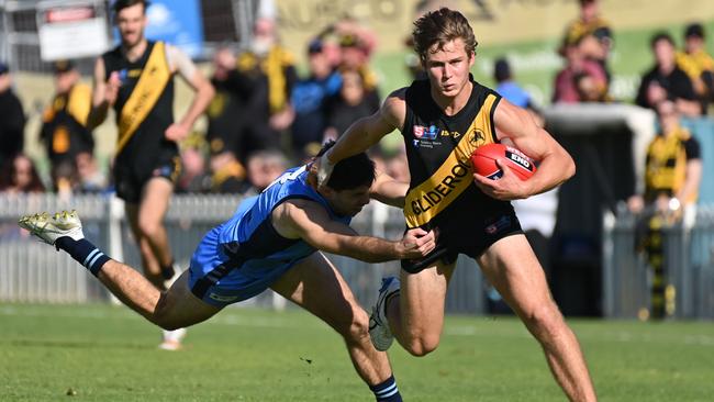 Rookie Glenelg forward Will Chandler breaks clear in the thrilling four-point win against Sturt on Sunday. Picture: Keryn Stevens