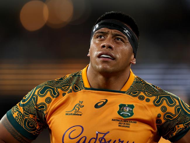 MELBOURNE, AUSTRALIA - JULY 29: Allan Alaalatoa of the Wallabies looks on during the The Rugby Championship & Bledisloe Cup match between the Australia Wallabies and the New Zealand All Blacks at Melbourne Cricket Ground on July 29, 2023 in Melbourne, Australia. (Photo by Cameron Spencer/Getty Images)