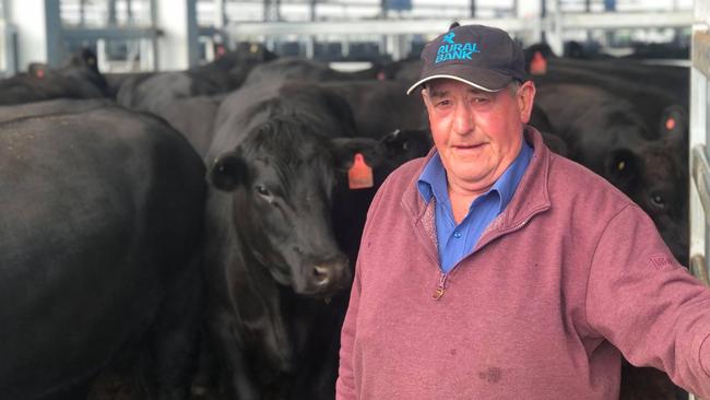 Vendor Allan Pearce from Bullarto South sold the top-priced pen of grown steers for $2600 or 393c/kg for 25 Angus steers at 661kg. Ballarat store cattle sale. February 26, 2021. Picture: Petra Oates