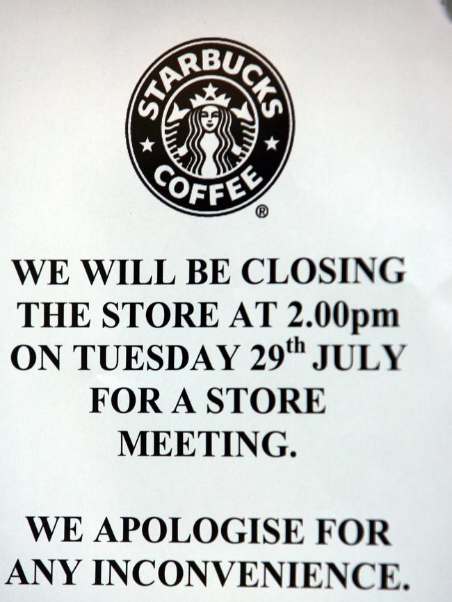 A sign posted on Starbucks window in Melbourne in 2008 as the news was announced it was to close.