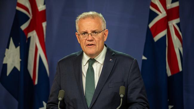 Prime Minister Scott Morrison announced tougher sanctions in response to Russia’s military action on Thursday. Picture: NCA NewsWire / Christian Gilles