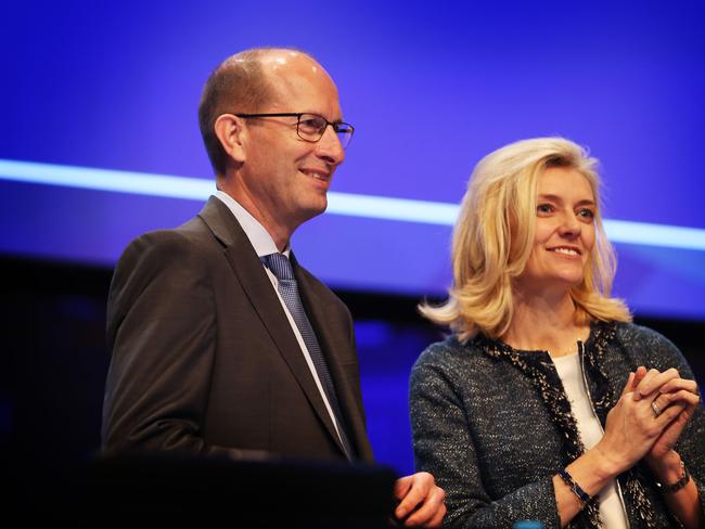 11/5/17: AMP Ceo Craig Meller and chairman Catherine Brenner at the AMP annual meeting at Sydney Town Hall. John Feder/The Australian