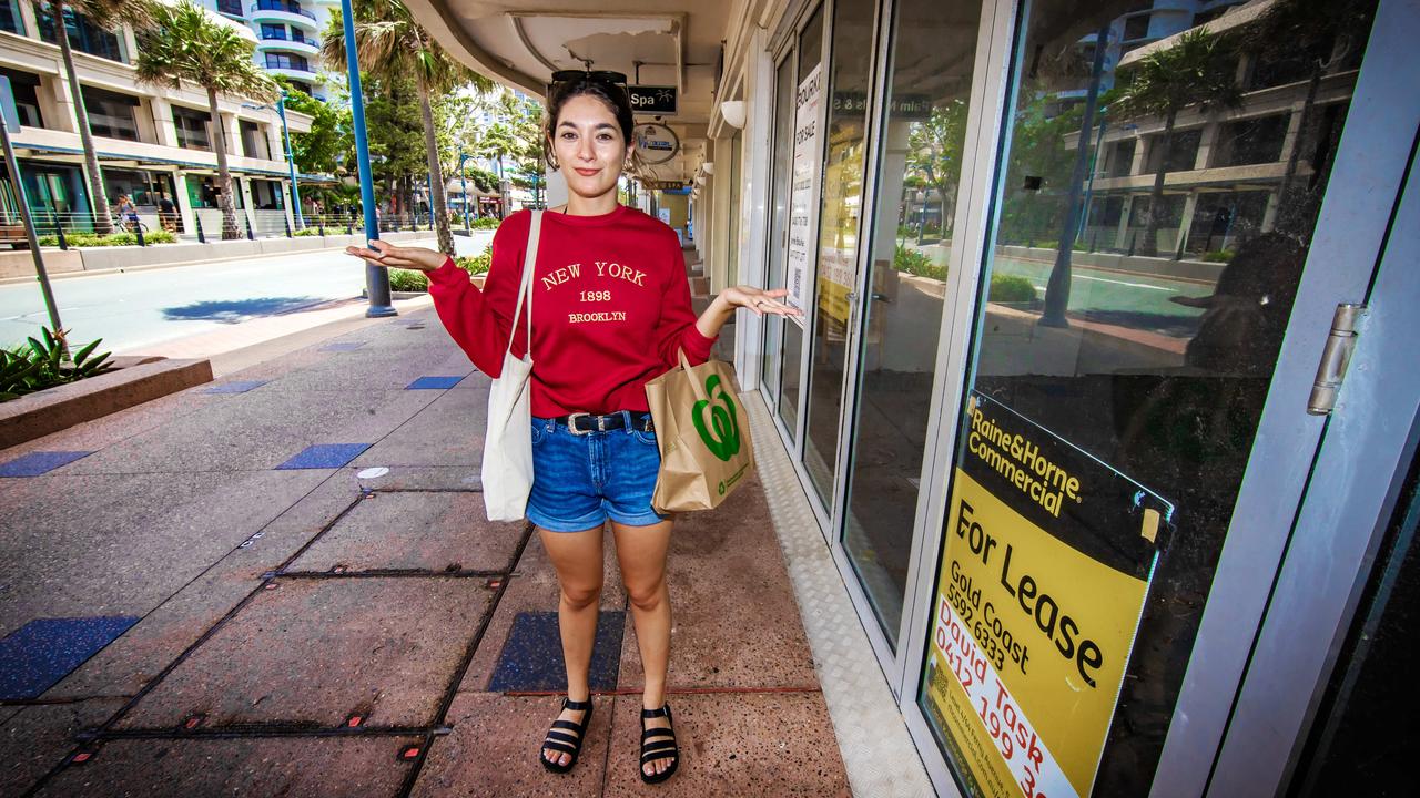 Macarena Toyos from Argentina is surprised to see so many empty shops in Surfers Paradise on the Gold Coast. Picture: Nigel Hallett