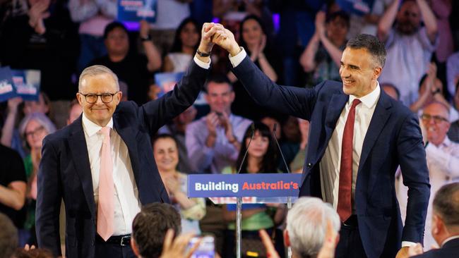 Prime Minister Anthony Albanese at a campaign rally with South Australian Premier Peter Malinauskas in Adelaide. Picture: Matt Turner.