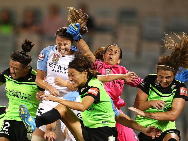 Close action in the Melbourne City v Canberra United W-League semi last season.