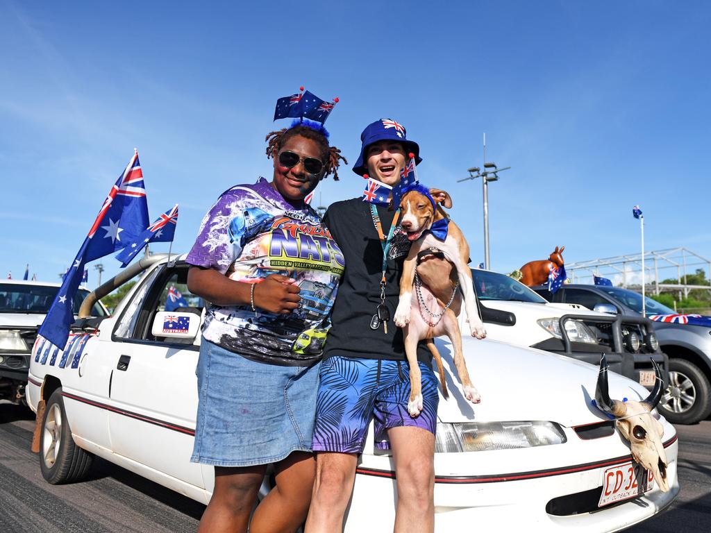 Penina Tom and Brock Willett with their dog Boss at Hidden Valley for the annual Variety NT Australia Day Ute run. Picture: Che Chorley