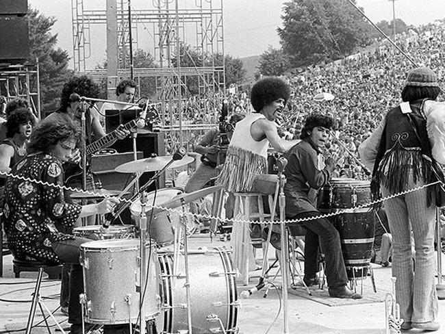 Mexican-American musician Carlos Satana and his band perform at Woodstock.