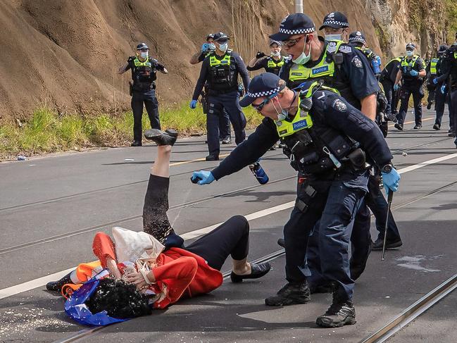 Victoria Police clashed with demonstrators during anti-lockdown protests. Picture: Jason Edwards