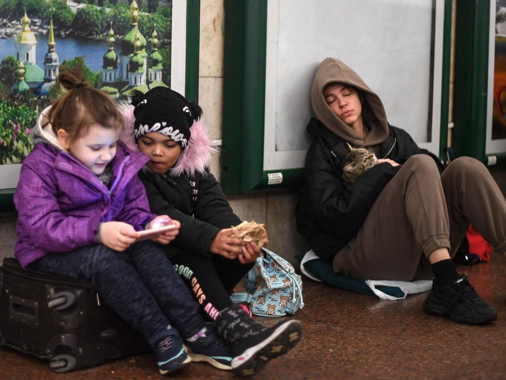 Families in Kyiv are seeking shelter anywhere they can find. Picture: Daniel Leal