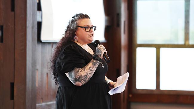 Ms Gage giving her address. Picture: Brendan Radke