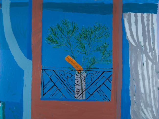 Sally Anderson, 'Loch Linhe Sea, Ile St Louis Balcony, Boormans Banksia' 2020, acrylic on polycotton, 137 x 168 cm; $8,800. Image courtesy of the artist and Olsen Gallery. 