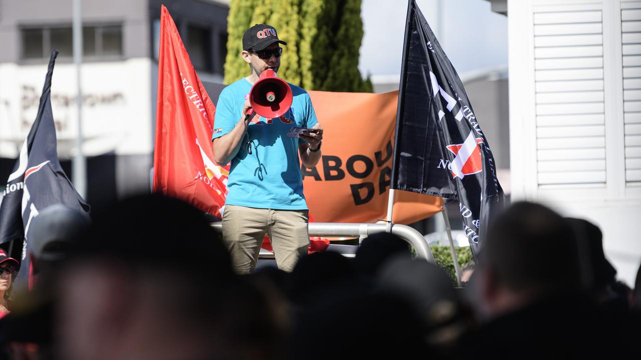 Liam Holcombe of QTU addresses the gathering at Toowoomba Labour Day March, Saturday, May 3, 2025. Picture: Kevin Farmer