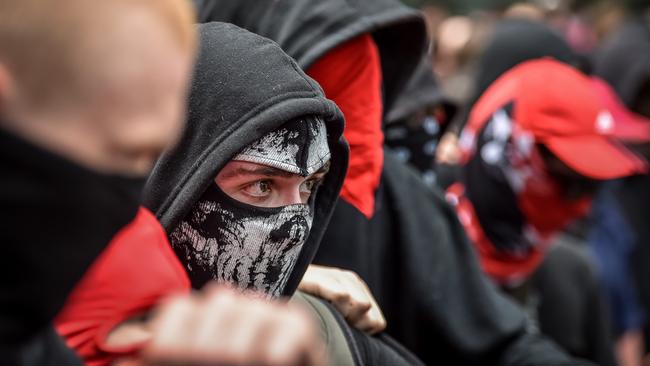 Antifa members in Melbourne. Picture: Jake Nowakowski