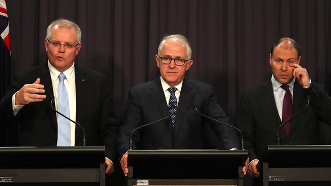 Treasurer Scott Morrison, Prime Minister Malcolm Turnbull and Energy Minister Josh Frydenberg speak to the media about the proposed energy policy changes. Picture Kym Smith