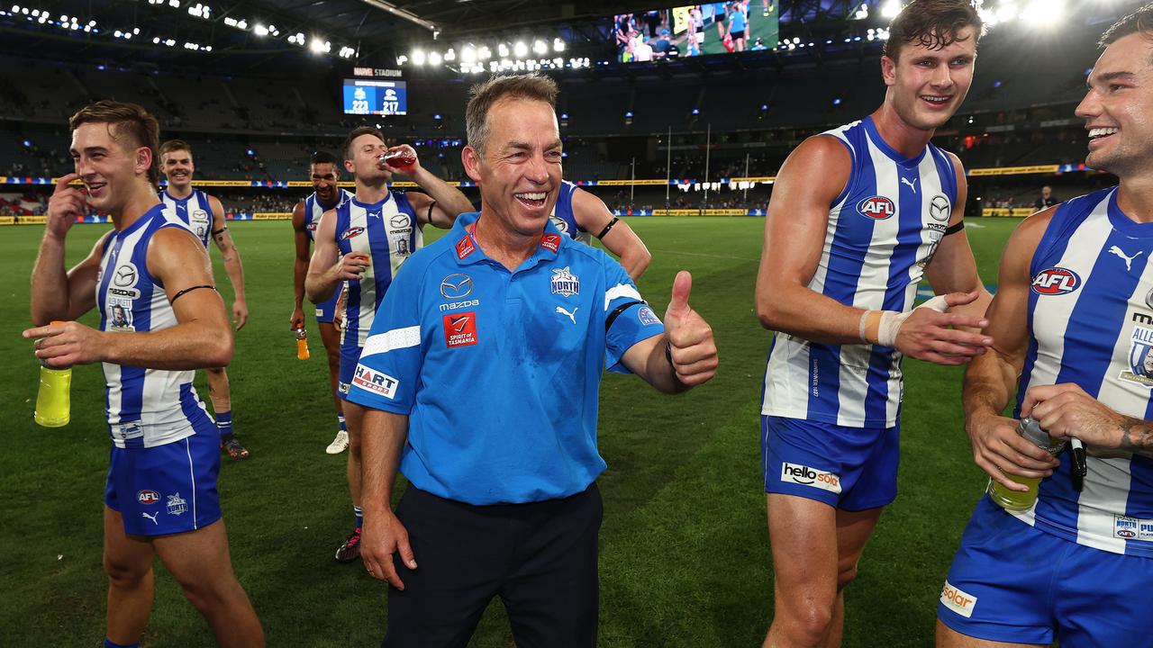 A happy Alastair Clarkson, senior coach of the Kangaroos after beating West Coast. Picture: Michael Klein