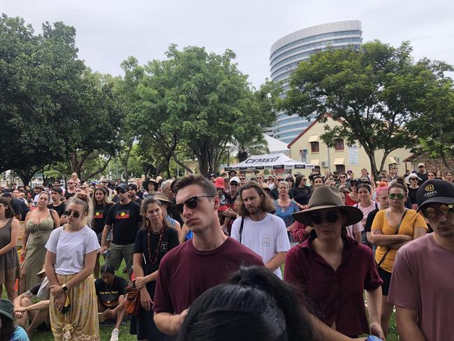 Crowds gather at an Invasion Day Rally at Raintree Park in Darwin.