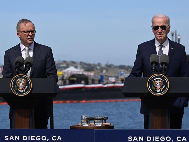 Anthony Albanese and Joe Biden hold a press conference at Naval Base Point Loma in San Diego, California. Picture: AFP