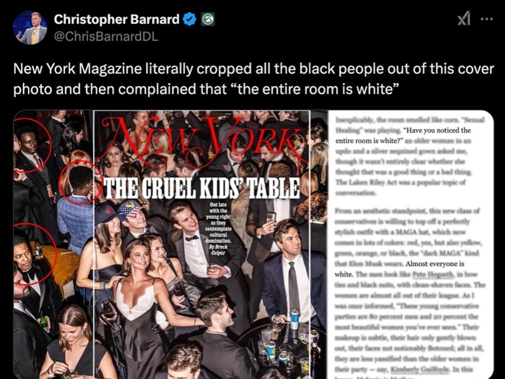 Conservative commentator Christopher Barnard posted on X how NY Mag cropped out any black people from a party photo. Picture: Christopher Barnard/X