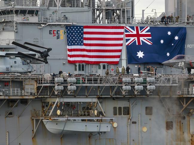 USS WASP at Garden Island, Sydney, today.Picture: Justin Lloyd.