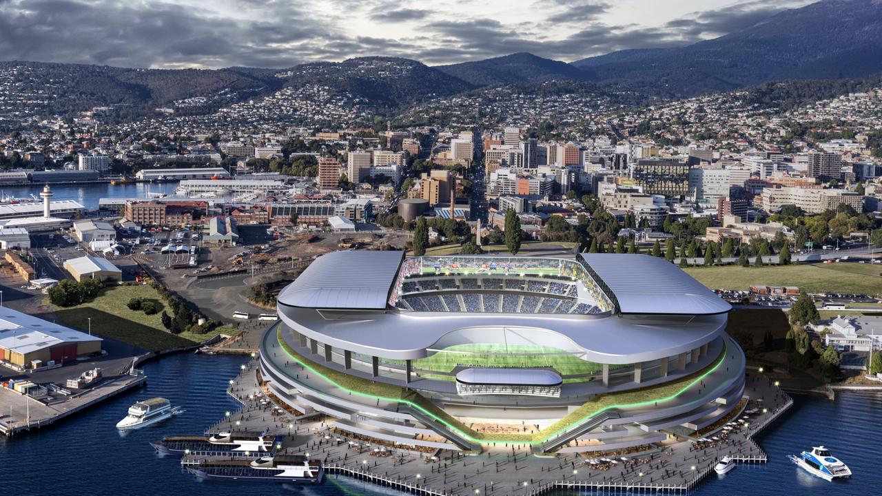 An artist’s impression of a potential multipurpose stadium being considered for Hobart should Tasmania win an AFL licence.
