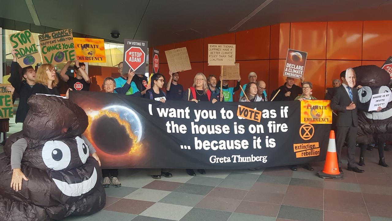 Climate change protesters at the Coalition campaign launch. Picture: Sam Clench