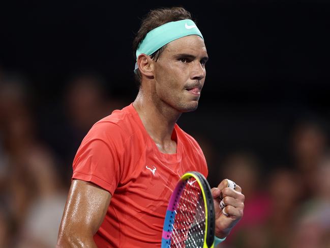 BRISBANE, AUSTRALIA - JANUARY 04: Rafael Nadal of Spain celebrates in his match against Jason Kubler of Australia during day five of the  2024 Brisbane International at Queensland Tennis Centre on January 04, 2024 in Brisbane, Australia. (Photo by Chris Hyde/Getty Images)