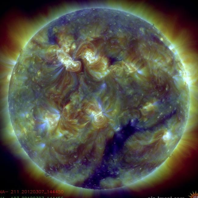 A colour-coded image of the sun showing the eruption of solar flares in 2012. Picture: NASA