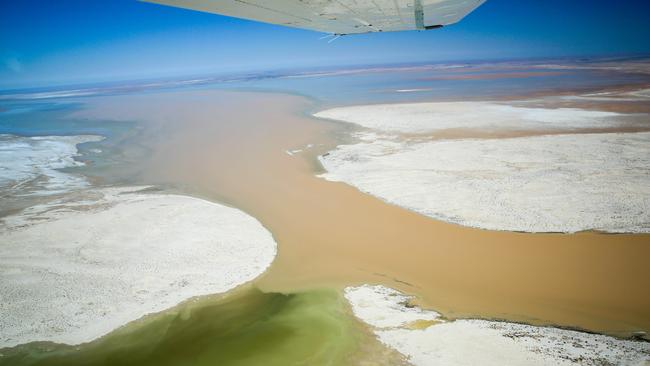 Flood waters enter the northern end of Lake Eyre in 2015. Picture: Russell Millard