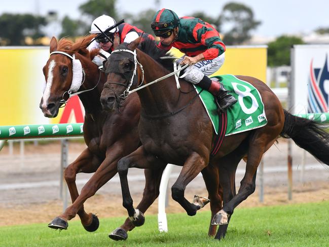 Jockey Michael Cahill (right) rides Wu Gok to victory in race two, the Moco Meats Rump Steaks during the QTIS Jewel Raceday at Aquis Park on the Gold Coast, Saturday, March 16, 2019, (AAP Image/Darren England.