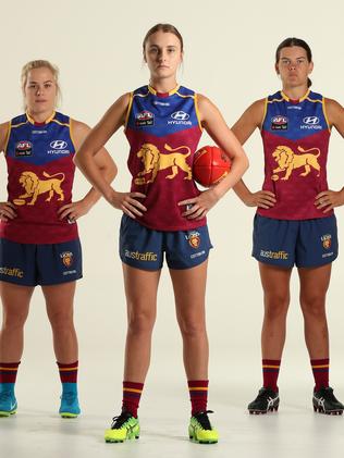 Brisbane AFLW debutants Jordan Zanchetta, Gabby Collingwood and Sophie Conway. Picture: Liam Kidston