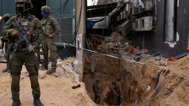 Israeli soldiers guard a tunnel at al-Shifa Hospital in Gaza. Picture: Reuters