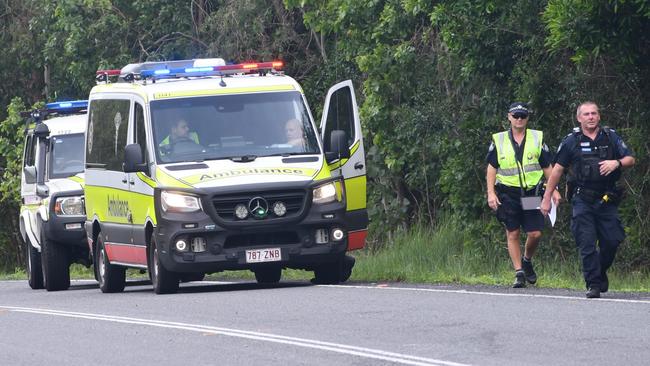 Emergency services at the scene of a single-vehicle crash on the Bruce Highway in Damper Creek on Tuesday. Picture: Cameron Bates