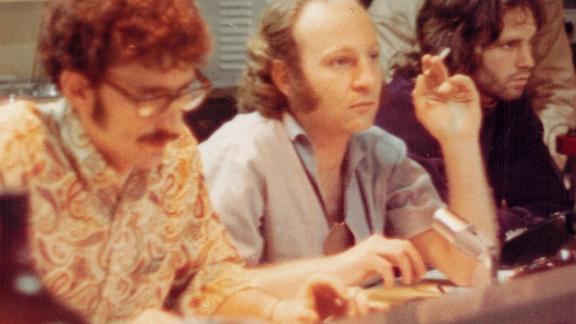 Haeny, left, producer Paul Rothchild and Jim Morrison working on The Doors’ album Waiting for the Sun.