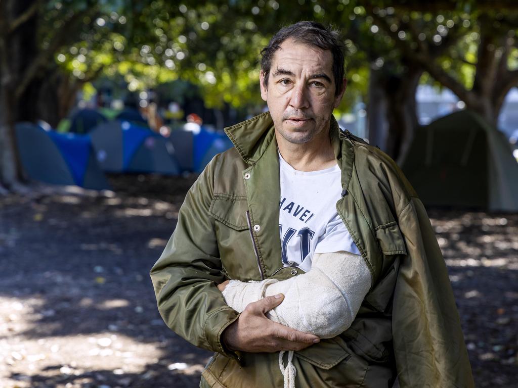 Allan Ryder outside his tent in Musgrave Park, South Brisbane, Wednesday, June 5, 2024 – Picture: Richard Walker