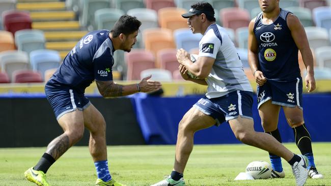 Cowboys training at 1300SMILES stadium ahead of the match against the Sharks this weekend. Cowboy's Jason Taumalolo, Braden Uele, and John Asiata.