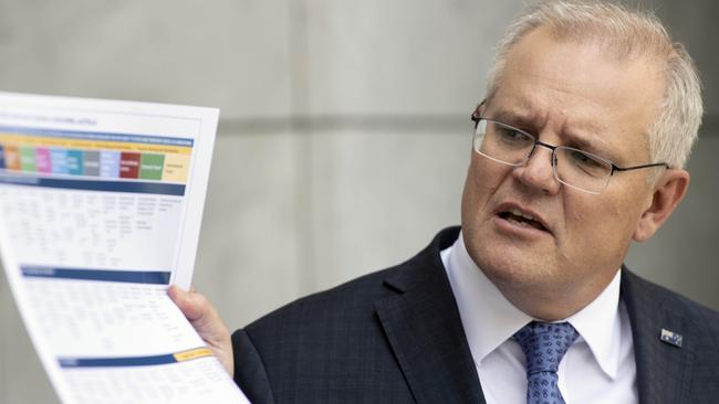 Prime Minister Scott Morrison talks to the media after Friday’s National Cabinet. Picture: NCA NewsWire / Gary Ramage