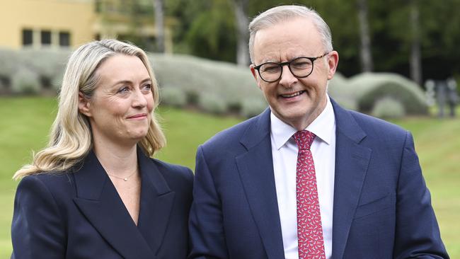 Prime Minister Anthony Albanese and his fiancee Jodie Haydon at the lodge in Canberra. Picture: NCA NewsWire / Martin Ollman