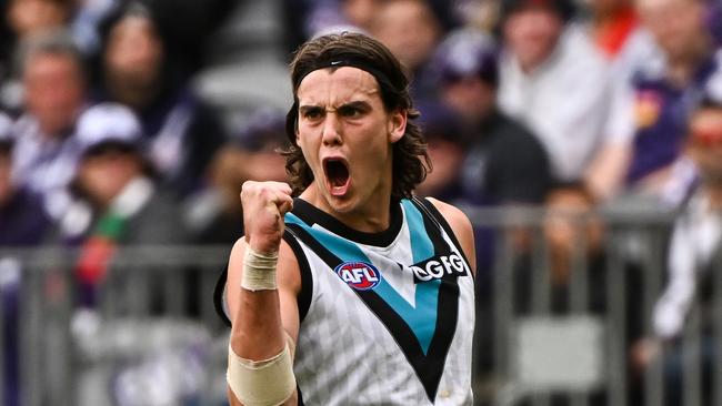 PERTH, AUSTRALIA - AUGUST 20: Ollie Lord of the Power celebrates a goal during the 2023 AFL Round 23 match between the Fremantle Dockers and the Port Adelaide Power at Optus Stadium on August 20, 2023 in Perth, Australia. (Photo by Daniel Carson/AFL Photos via Getty Images)