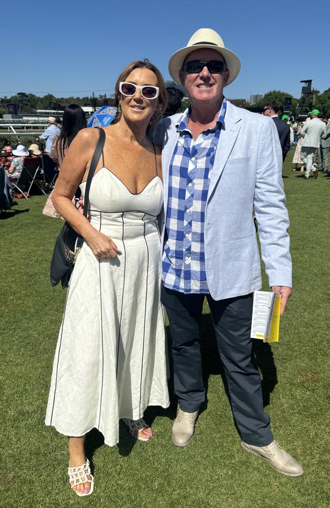 Rachel and Eugene MacFarlane at the Melbourne Cup at Flemington Racecourse on November 5, 2024. Picture: Phillippa Butt