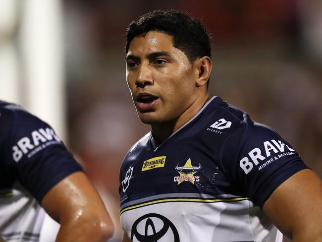 SYDNEY, AUSTRALIA - MARCH 13: Jason Taumalolo of the Cowboys looks dejected after a try during the round one NRL match between the Penrith Panthers and the North Queensland Cowboys at Panthers Stadium, on March 13, 2021, in Sydney, Australia. (Photo by Mark Kolbe/Getty Images)