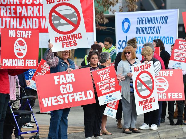 Workers are staging a protest at Westfield Southland. Picture: Nicki Connolly