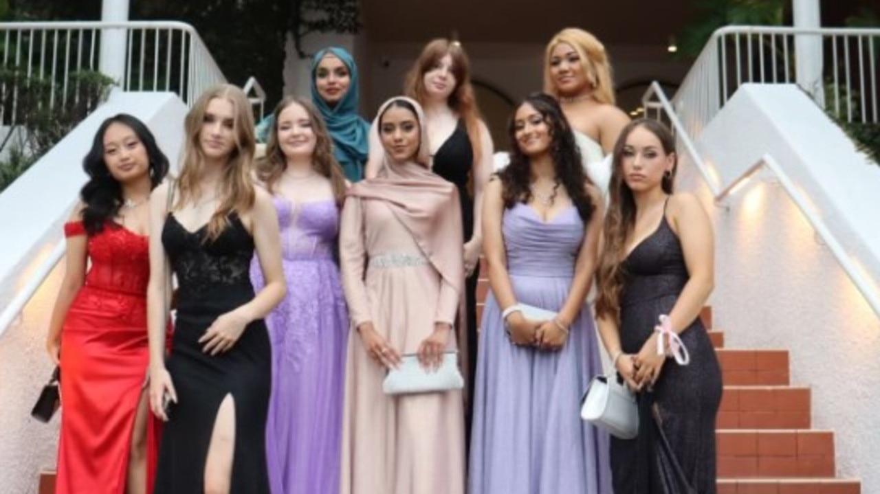 Night of fashion! Year 12 Browns Plains state High School students Elaisha Gueco, Emily Tupuloa-Teo, Sienna King, Lateesha Hurley, Manahil Ahmed, Yusra Mahmood, Chantelle Beattie, Amy Kempf and Destiny Dhammanarachchi celebrated the end of secondary school with a formal dinner at The Greek Club in Brisbane. Fashionistas of the night!