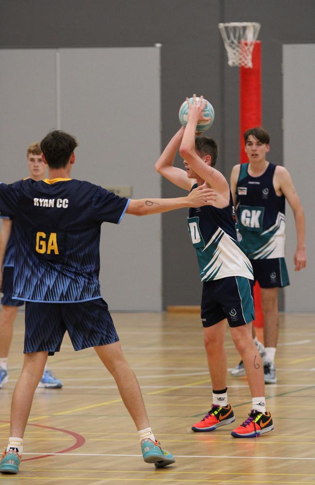 Netball action at QISSN 2024 held in Townsville. (Boys) Ryan Catholic College v Mt Maria College
