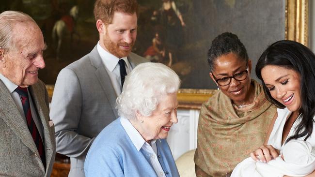 Harry and Meghan show off newborn Archie to Prince Philip, the Queen and Meghan’s mother, Doria Ragland. Picture: Getty Images.