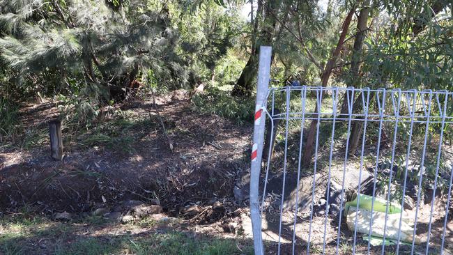 Damaged fence and broken trees at the car crash site of Redlands Mayor Karen Williams, in Cleveland. Picture: Liam Kidston.