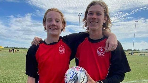 Gympie footballers Mason Drescher and Jake Nalder (captain) after Wide Bay U16s took bronze at the Qld state schools championships at Hervey Bay, breaking a 10-year absence from the top four. Tristan Venz of Gympie was also part of the team but unfortunately missed out on playing in the final due to injury.