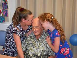 LIFE WRIT LARGE: Dexter Kruger with his two great-granddaughters celebrating his 109th birthday. Picture: Jorja McDonnell