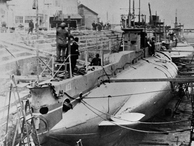 Australia's first submarine AE1 in dry dock at Cockatoo Island in Sydney in June 1914. Experts believed her starboard hull was torn open. Photo: Supplied