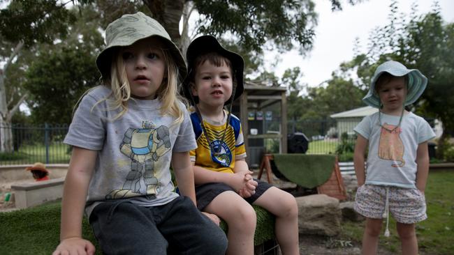 SDN Batemans Bay students Hudson, 4, left, with Aston, 5, and Violet, 4. Picture: Nathan Schmidt